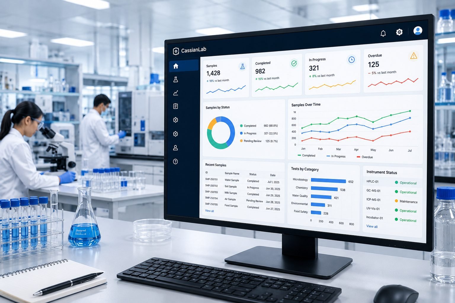 CassianLab dashboard showing sample tracking and analytics, displayed on a workstation in a molecular pathology lab