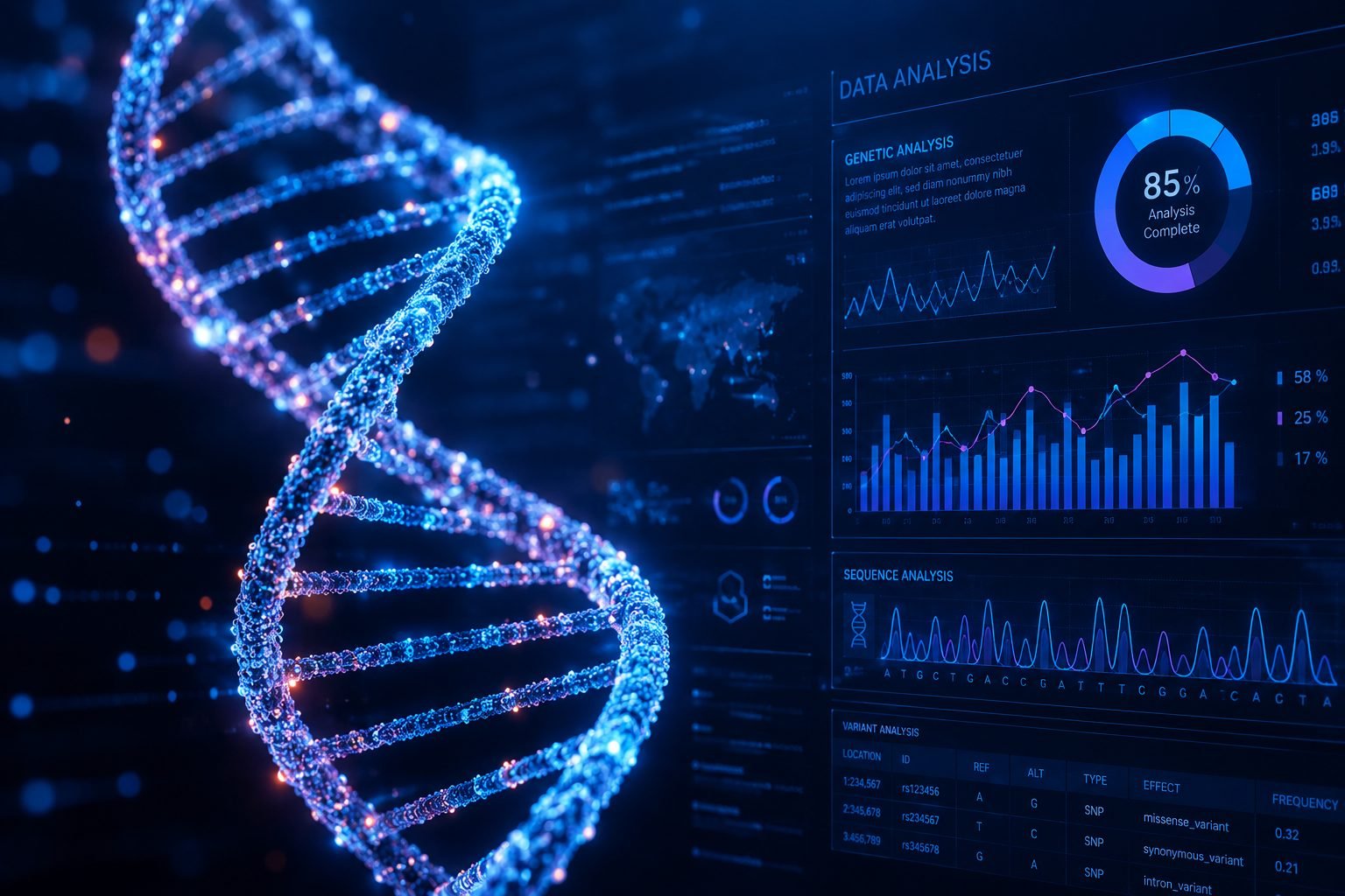 DNA helix with genetic sequencing and variant analysis dashboards in the background